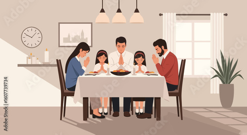 Family Gathering Together Praying Before Meal In The Dinning Room