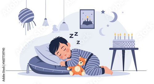 Dreamy Slumber A Boy Peacefully Asleep Beside His Birthday Cake