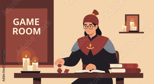 Fantasy Game Master Preparing for a Dungeon Adventure in Candlelit Room