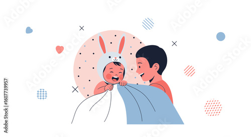 Father And Happy Baby In Bunny Hat Enjoying Playtime Together Illustration