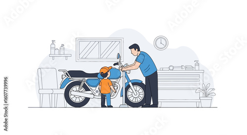 Father And Son Bonding Over Motorcycle Repair In The Garage At Home