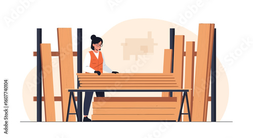 Female Carpenter Arranging Lumber In Workshop For Construction Projects