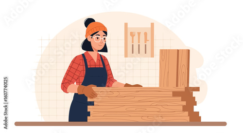 Female Carpenter Works With Lumber At Her Workshop Using Protective Gloves