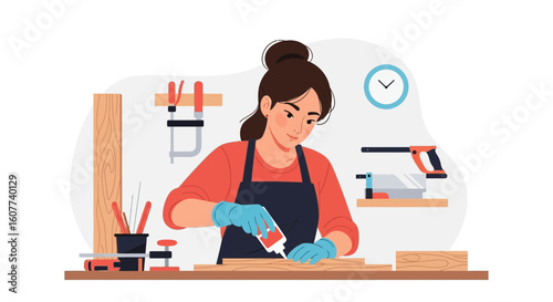 Female Carpenter Applying Wood Glue To Lumber In Her Workshop