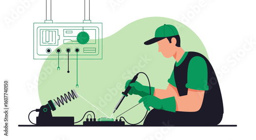 Electronic Repairman Solder Microchips With A Soldering Iron, Electrical Works