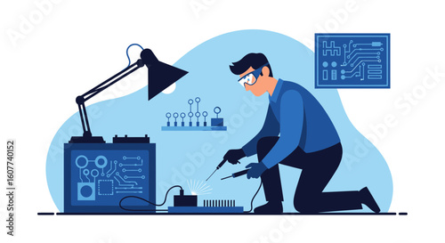 Electronics Technician Soldering Circuit Board With Protective Glasses In Workshop