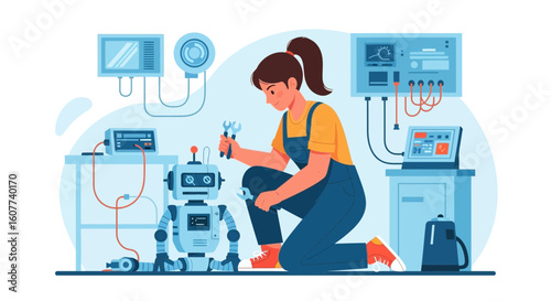 Female Engineer Repairing Robot With Tools in Modern Technological Environment