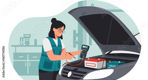 Female Mechanic Inspecting Car Battery With Voltmeter For Proper Functionality