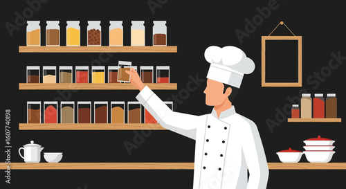 Elegant Chef Arranging Culinary Spices In a Commercial Kitchen Illustration