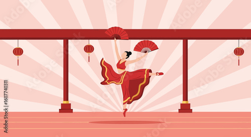 Elegant Dancer In Red Performing A Traditional Chinese Fan Dance