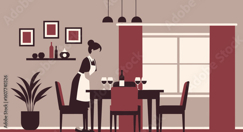 Elegant Dining Room With Waitress Preparing Table For An Important Dinner