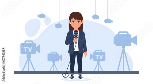Female Tv Reporter News At Media Broadcast Studio Cartoon Illustration