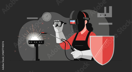 Female Welder Works with Protective Gear in a Workshop Scene Illustration