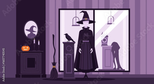 Elegant Halloween Boutique Window Display Featuring Witch Costume And Decorations