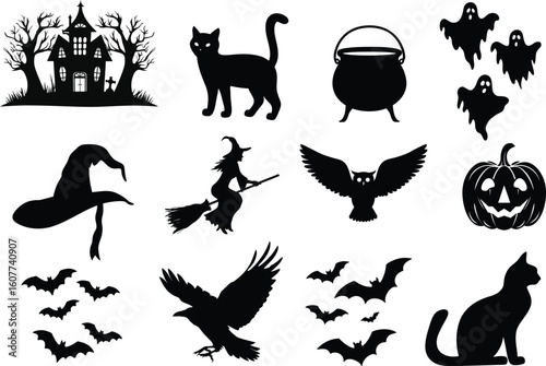 set of halloween element silhouette collection. Black and white vector editable file. pumpkin, ghost, cat, cauldron, horror house, female witch ride, owl, raven bird, skeleton, spider, witch hat