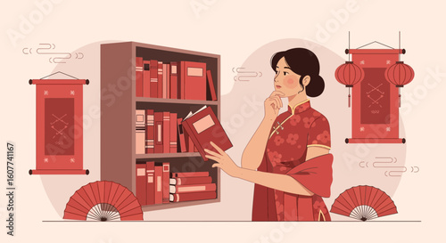 Elegant Woman Choosing A Book Near A Shelf With Decorations Illustration
