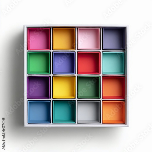 Multicolored storage boxes top view isolated on a white background