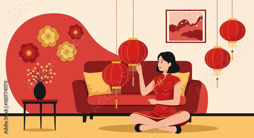 Elegant Woman Celebrates Lunar New Year in a Festive Red Interior