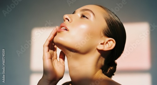 Woman basks in sunlight, hand on cheek. Glowy skin, smooth hair