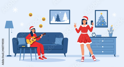Festive Fun Two Young Women Celebrate Christmas With Music And Holiday Selfies