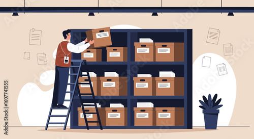 Employee Retrieving Archives And Documents From High Shelf With Ladder