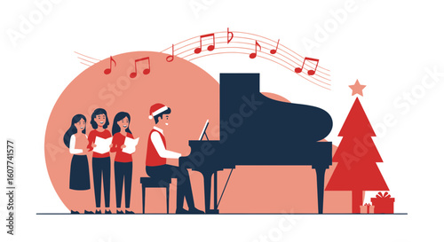 Festive Harmony Piano Player With Choir Celebrating Christmas Time Caroling