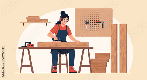 Empowered Woodworker Shaping Success A Woman Crafting Excellence In Her Workshop