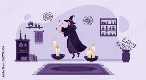 Enchanting Witch Floating Amidst Candles And Magical Artefacts Illustration