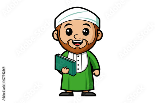 Friendly cartoon imam or teacher in traditional islamic attire holding a pointer stick next to a wooden box