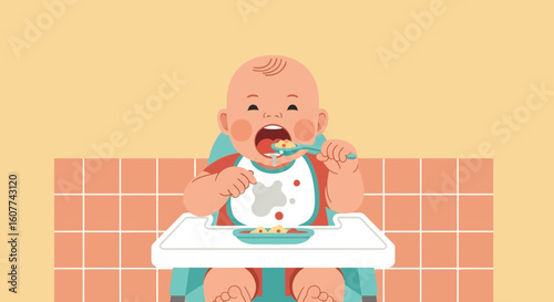 Enthusiastic Baby Enjoying Mealtime in High Chair During Weaning Phase