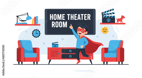 Enthusiastic Boy In Superhero Costume Having Fun In The Home Theater Room