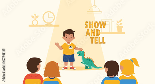 Enthusiastic Boy Presents Dinosaur Toy During Show And Tell Session
