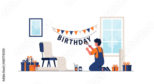 Enthusiastic Man Preparing Birthday Decoration For Memorable Celebration Moment