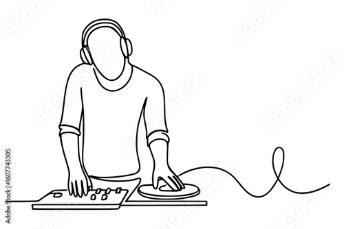Continuous Line Art Illustration of a Male DJ Mixing Music at an Event

