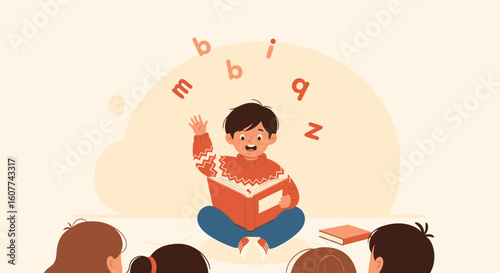 Enthusiastic Pupil Reads Aloud In Classroom With Letters Floating Above His Head