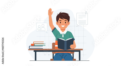 Enthusiastic Student Eagerly Participating In Class With Raised Hand At School