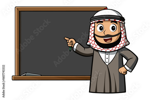 Animated muslim woman in blue hijab and dress presenting information from a laptop