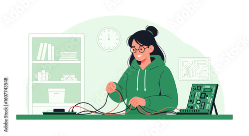 Enthusiastic Young Engineer Connects Cables To Printed Circuit Board For A Project