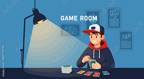 Enthusiastic Young Man Plays Cards In His Cozy Blue Game Room