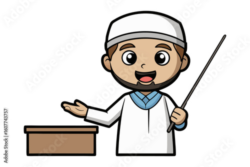 Young muslim boy in traditional attire presents zakat concept with coins and whiteboard illustration