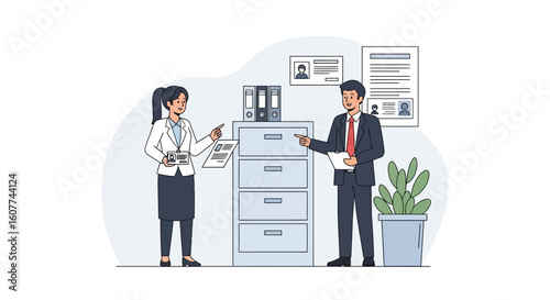 Evaluating Applications With Colleagues Near The Filing Cabinet Illustration