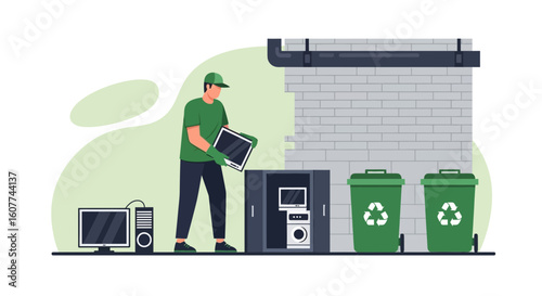 Ewaste Recycling Man Putting Old Electronics In Container For Safe Disposal