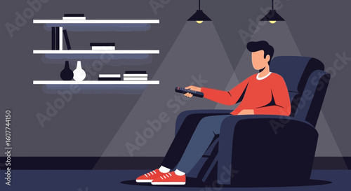 Evening Relaxation At Home Watching Television In Comfortable Armchair