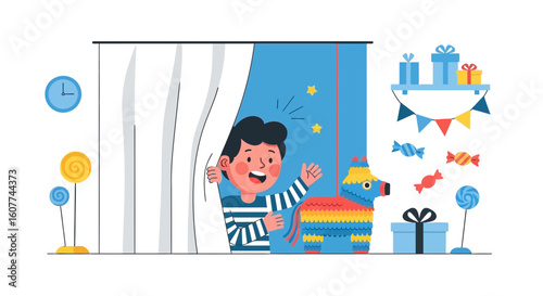 Excited Boy Hiding Behind Curtains Waiting Surprise Party With Piñata