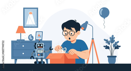 Excited Boy Receiving A Robot As A Gift In A Beautifully Decorated Room