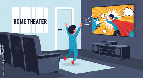 Excited Boy Watching Superhero Movie in the Home Theater Entertainment Room