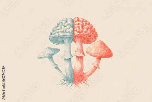 Mushroom with brain cap, a visual metaphor for cognitive growth. Brain-like mushroom symbolizing mental expansion and brain health.
