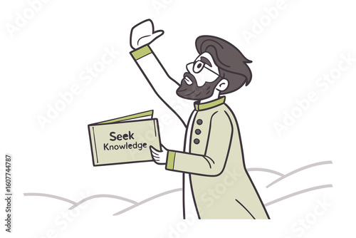 Smiling muslim teacher in traditional attire points to arabic alphabet on a whiteboard with a rolled scroll