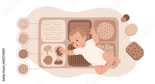 Excited Infant Exploring First Foods From A Sensory Food Board Introduction