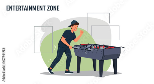 Excited Man Plays Foosball Table in Recreational Activity Area with Joy